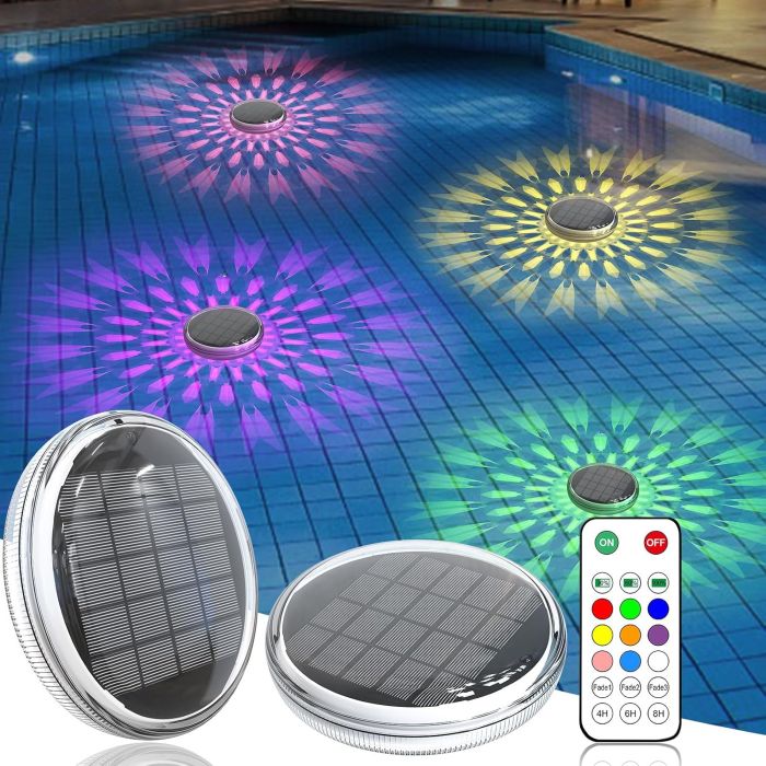 Luces Solares Flotantes para Piscina, 2 Pack, Control Remoto, 9 Colores, IPX7