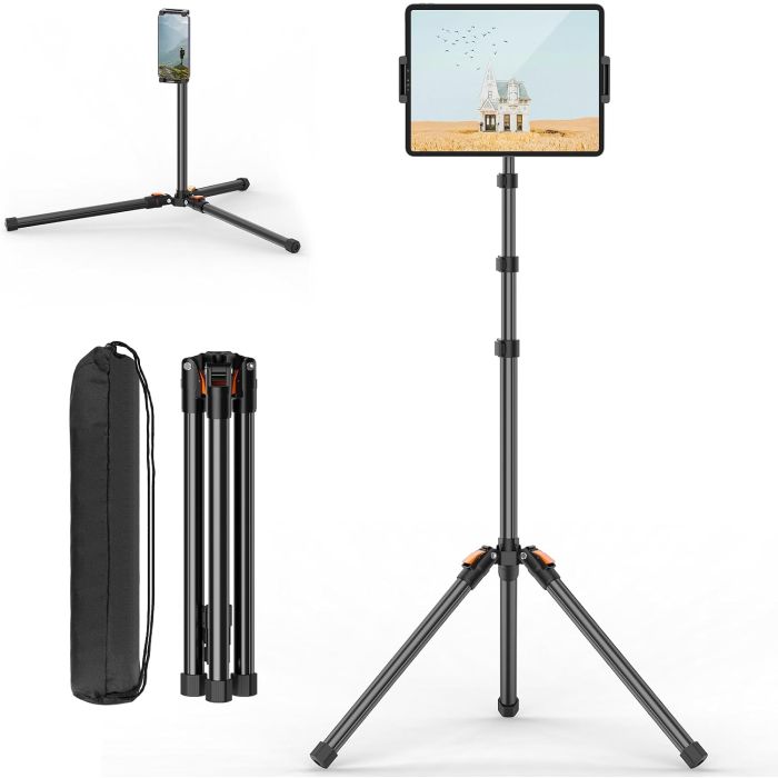 Soporte de piso para tablet XXZU 72in, ajustable, 360°, color negro-naranja