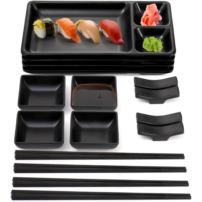 Set de 16 Platos de Sushi de Melamina, Incluye 4 Platos, 4 Salseros, 4 Pares de Palillos y 4 Posapalillos