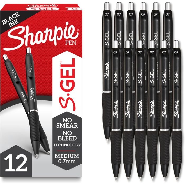 Sharpie S-Gel Bolígrafos de Gel, Tinta Negra, Punta Mediana 0.7mm, 12 Unidades