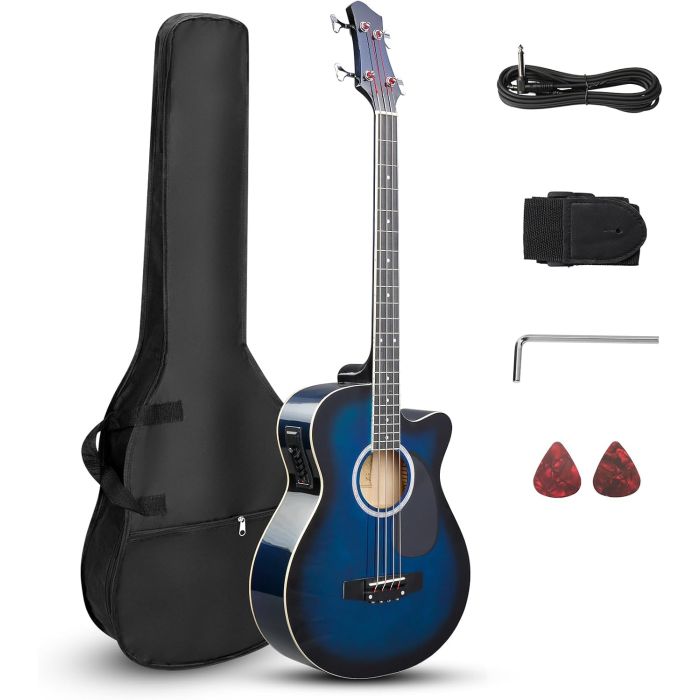 Bajo Acústico Ktaxon 4 Cuerdas Tamaño Completo Azul con Estuche