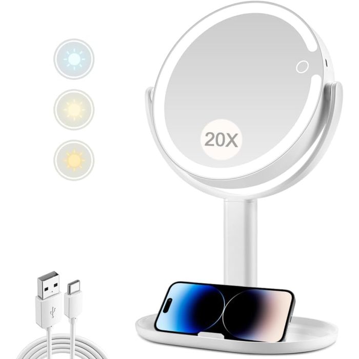 Espejo de Maquillaje con Luz MIYADIVA, 20X, 80 LEDs, 3 Colores, Blanco