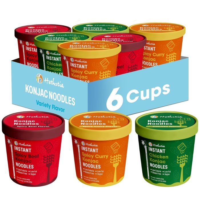 Fideos Konjac Hethstia, Pack de 6, Variedad de Sabor Pho (Pollo, Curry Picante, Carne Picante)