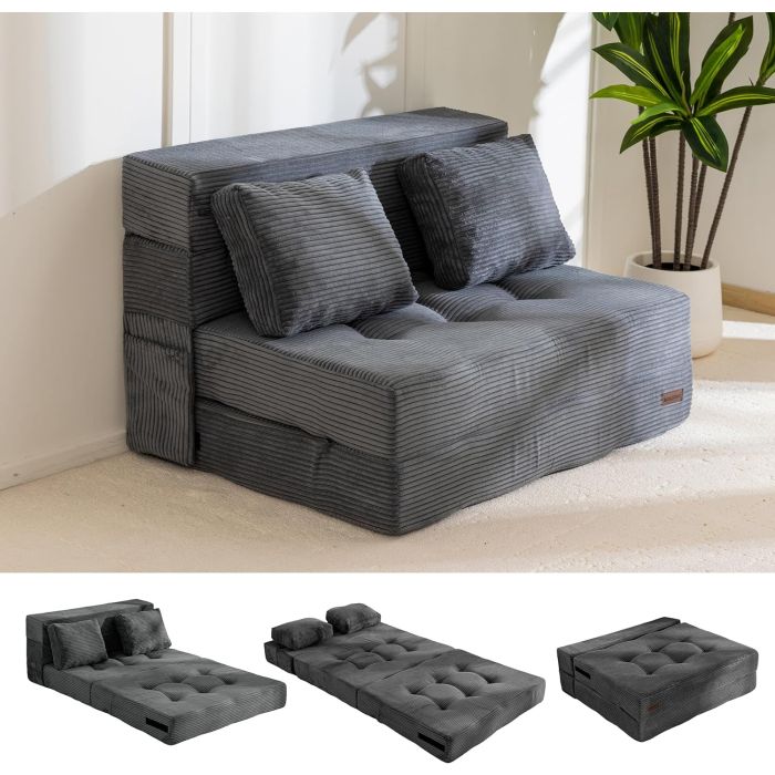 MAXYOYO Convertible Sofa Bed, Fold Out Sleeper Sofa with Pillow, 4 in 1 Tufted Folding Couch Bed Foam Floor Couch, Lazy Chair for Living Room Bedroom Guest Room, Dark Grey
