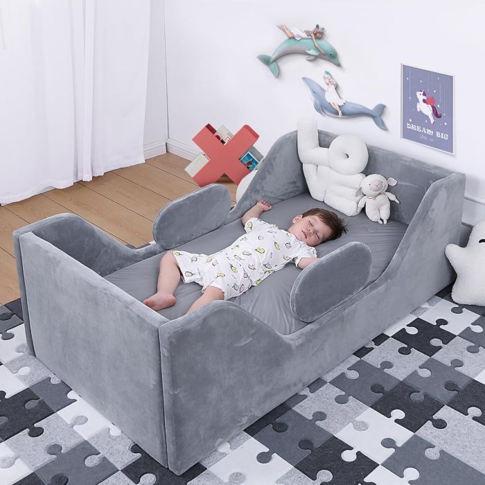 Cama Toddler weeonekids Gris para niños con barandilla de seguridad