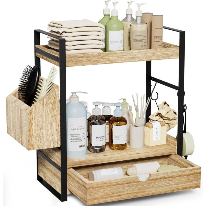 Organizador de Baño de 2 Niveles con Cajón y Canasta, Estante de Madera