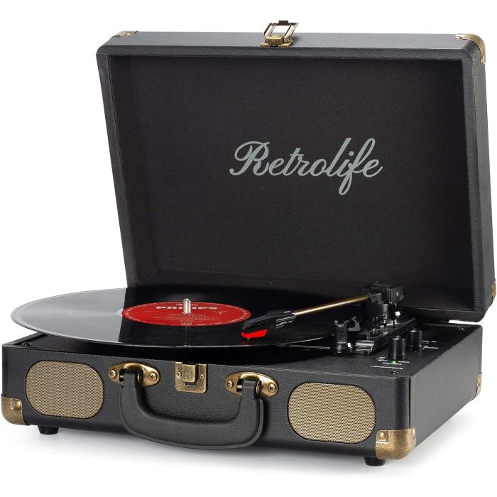 Reproductor de Vinilos Portátil con Bluetooth y Cinta de Viaje