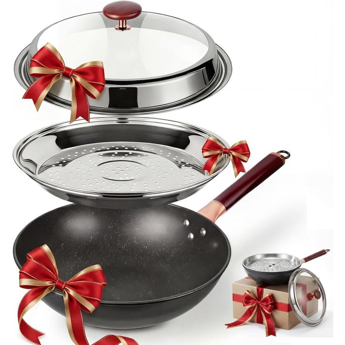 Sartén Wok de Acero al Carbono Kseroo 13 pulgadas con Tapa