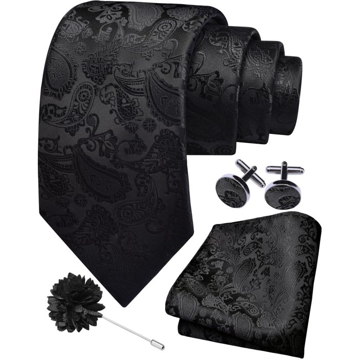 Set de Corbata y Pañuelo de Bolsillo con Pin de Solapa y Gemelos para Hombre
