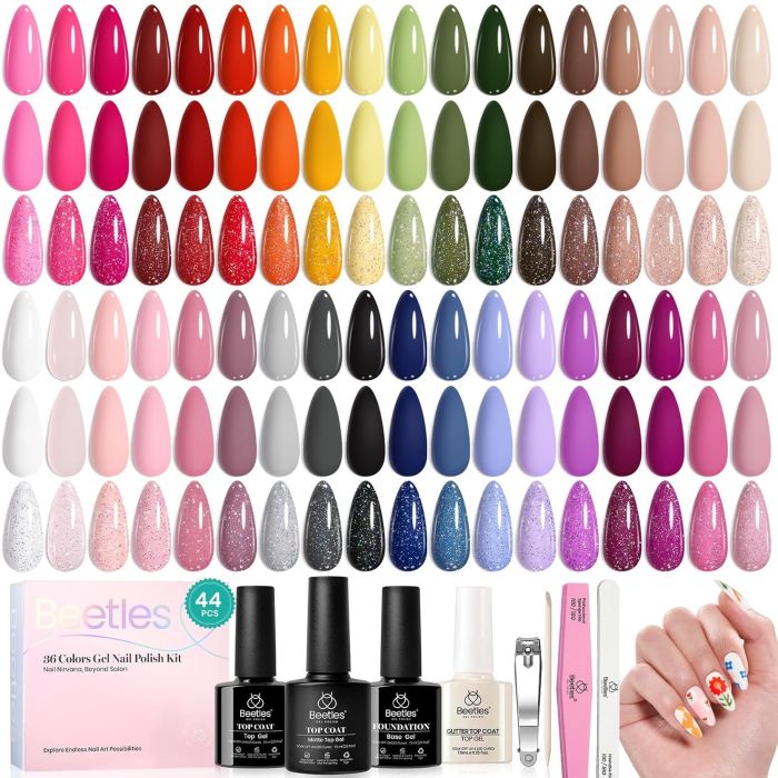 Set de 44 esmaltes de uñas gel beetles 36 colores + base y top coat