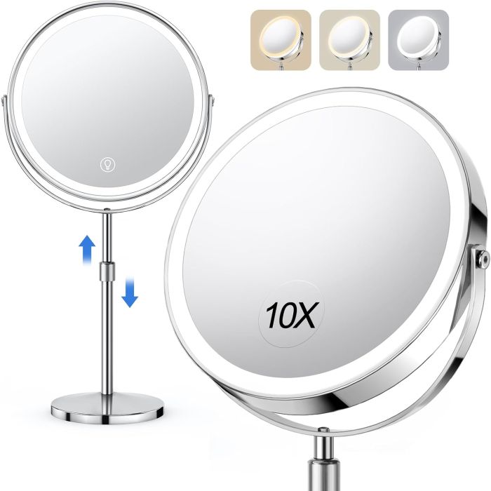 Espejo de Maquillaje con Luz UBYMET, Ajustable, Doble Cara 1x/10x, Recargable