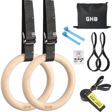 Anillas de gimnasia GHB de madera 1.25" con correas ajustables