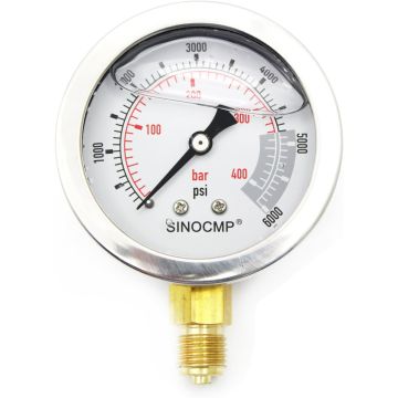 Manómetro Hidráulico SINOCMP 40Mpa/400bar/6000PSI Acero Inoxidable con Glicerina
