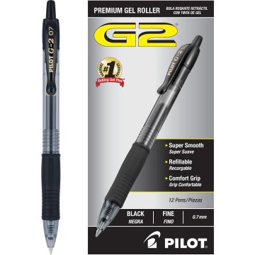 Pilot G2 Bolígrafos de Gel, Punto Fino 0.7mm, Tinta Negra, 12 Piezas