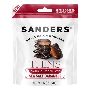 Sanders Thins Chocolate Oscuro con Caramelo y Sal Marina, Bolsa 6 oz