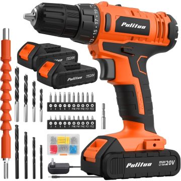 Taladro Atornillador Inalámbrico PULITUO 20V, 30Nm, 2 Velocidades, 2 Baterías