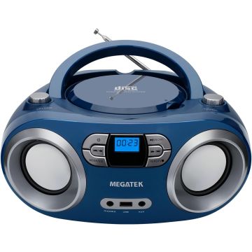 Reproductor de CD portátil Megatek con radio FM, Bluetooth, USB y AUX azul