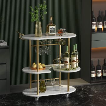 Carro Bar Móvil con Estantes y Soporte para Vinos, Color Oro y Mármol Falso