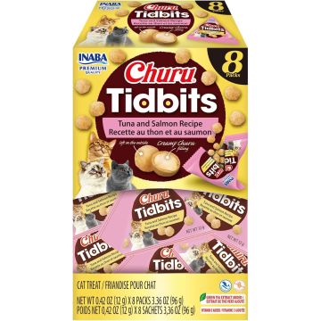 INABA Churu Tidbits para Gatos, Bocaditos Rellenos, Sabor Atún y Salmón, 8 Paquetes