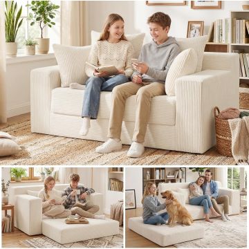 5 in 1 Convertible Sofa Bed,Small Boneless Couch Pull Out Loveseat Sleeper Sofa,Corduroy Futon Couch Folding Mattress with 4 Pillows for Living Room Bedroom Lounge (No Assembly)