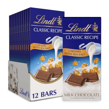 Lindt Classic Recipe Tableta de Chocolate con Leche, Caramelo y Sal Marina 4.4 oz (Pack de 12)