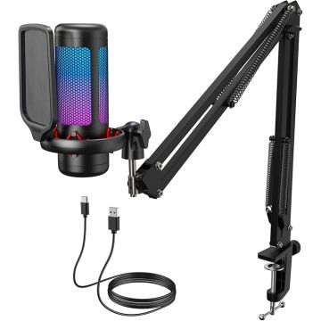 Micrófono Condensador USB con Brazo Ajustable y Luz RGB para