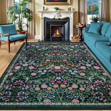 Alfombra 8x10 para Sala, Lavable, Vintage, Antideslizante, Verde Oscuro