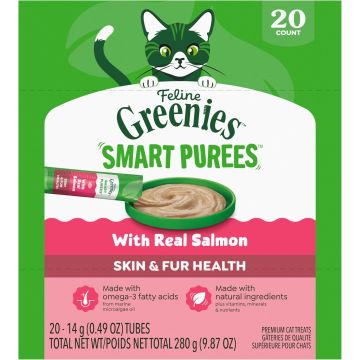 Greenies Feline Smart Purees Skin & Fur Health con Salmón, 0.49 oz, 20 tubos