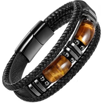 Pulsera de Cuero Negro con Ojo de Tigre para Hombre