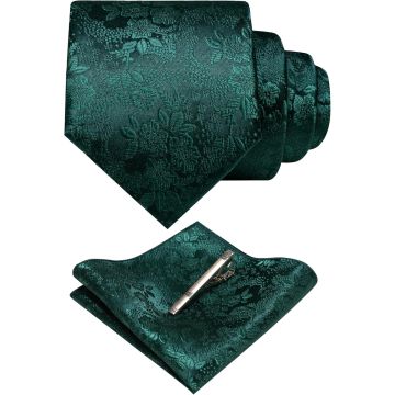 Juego de Corbata Floral con Pañuelo de Bolsillo y Clip para Hombre