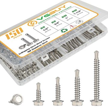 Kit de 150 Tornillos Autoperforantes VGBUY, Acero Inoxidable 410, Cabeza Hexagonal