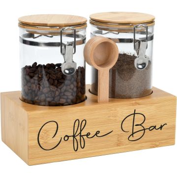 Set de 2 Tarros de Vidrio para Café con Estante de Bambú y Cuchara