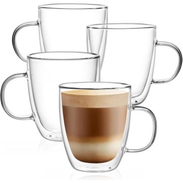 Juego de 4 Mugs de Vidrio Borosilicato 12oz con Pared Doble