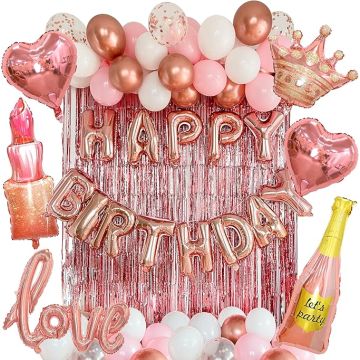 Kit Decoración Fiesta Rose Gold 71 Piezas Globos Cortina