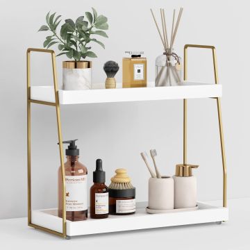 Organizador de Baño Forbena, Estante de Madera con 2 Niveles, Blanco y Dorado