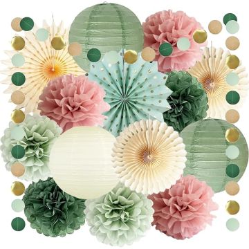 Kit Decoracion Fiesta Verde Salvia Rosa Polvo 14 Piezas