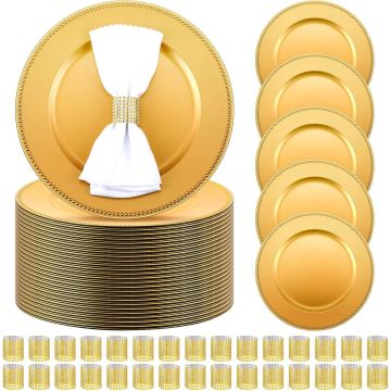 Juego de 100 Platos Cargadores Dorados con Anillos para Servilletas