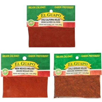 Pack Variedad de Chile Molido El Guapo, Incluye Chile California, Nuevo México y Serrano, 3 oz
