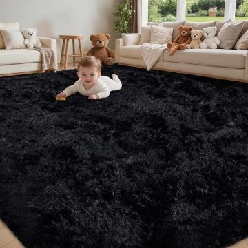 Alfombra 8x10 para Sala de Estar, Suave y Esponjosa, Negra, Antideslizante, Lavable