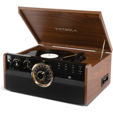 Victrola The Empire Mid-Century 6-in-1 Turntable & Multimedia Center con Parlantes Integrados