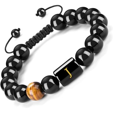 Pulsera de Iniciales FRG para Hombre - Onix Negro y Ojo de Tigre