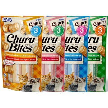 INABA Churu Bites para Gatos, Snack Horneado Suave Relleno, 12 Tubos