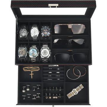 Caja Joyero Organizador 6 Ranuras 2 Niveles con Tapa de Vidr