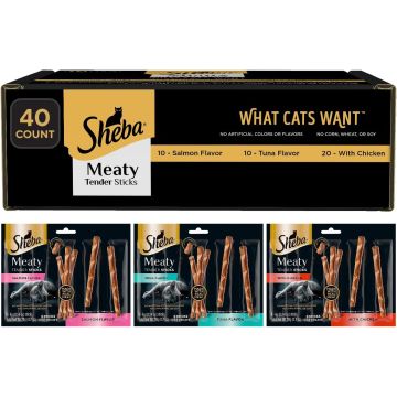 Sheba Meaty Tender Sticks Snacks para Gato Surtido Pollo Atún y Salmón 40 Unidades