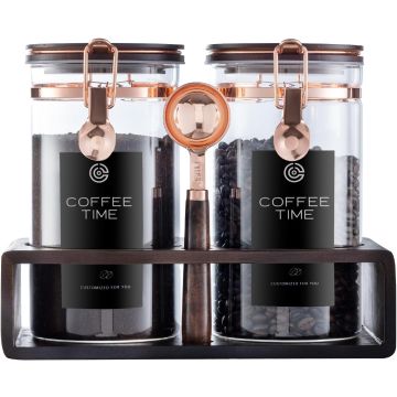 Set de 2 Tarros de Vidrio para Café con Estante de Madera, 45 oz
