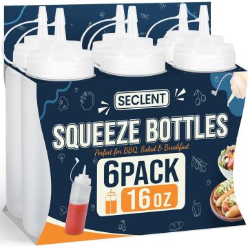 6 Botellas Extruibles de 16 oz para Salsas, Plástico, Paquete