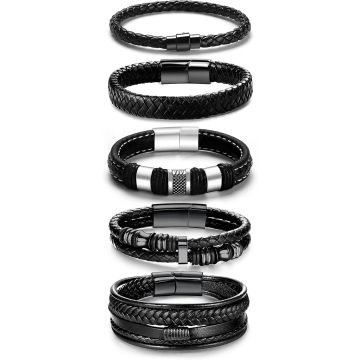 Pulseras de Cuero Negro para Hombre y Mujer Set de 5