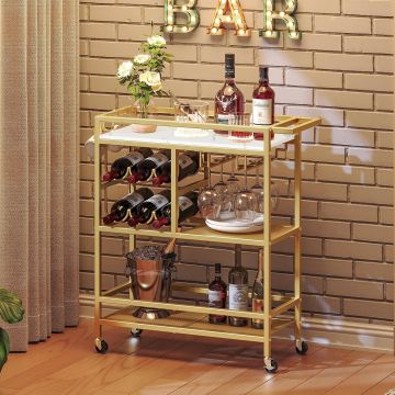Carro Bar MAHANCRIS, 3 Niveles con Ruedas, Soporte Vinos y Portavasos, Blanco y Dorado