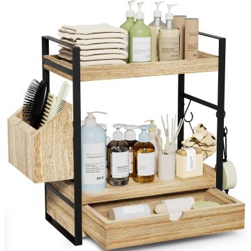 Organizador de Baño de 2 Niveles con Cajón y Canasta, Estante de Madera
