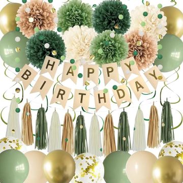 Kit Decoración Fiesta Verde Salvia Incluye Banderín Pompones